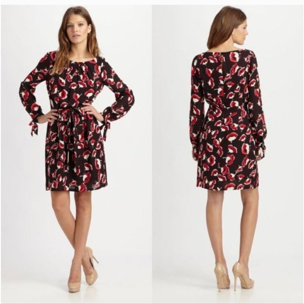MILLY New York  💯 Silk Merlot Poppy Print Clemie Tie  Dress Size 12 Large